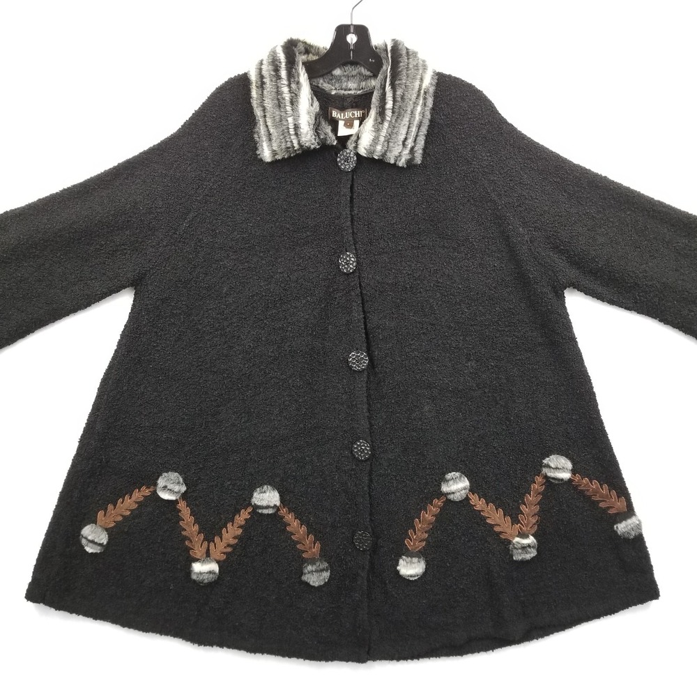 Vintage Baluchi Cardigan Women 3XL Black‎ Boucle Knit A Line 50's 60's Jacket